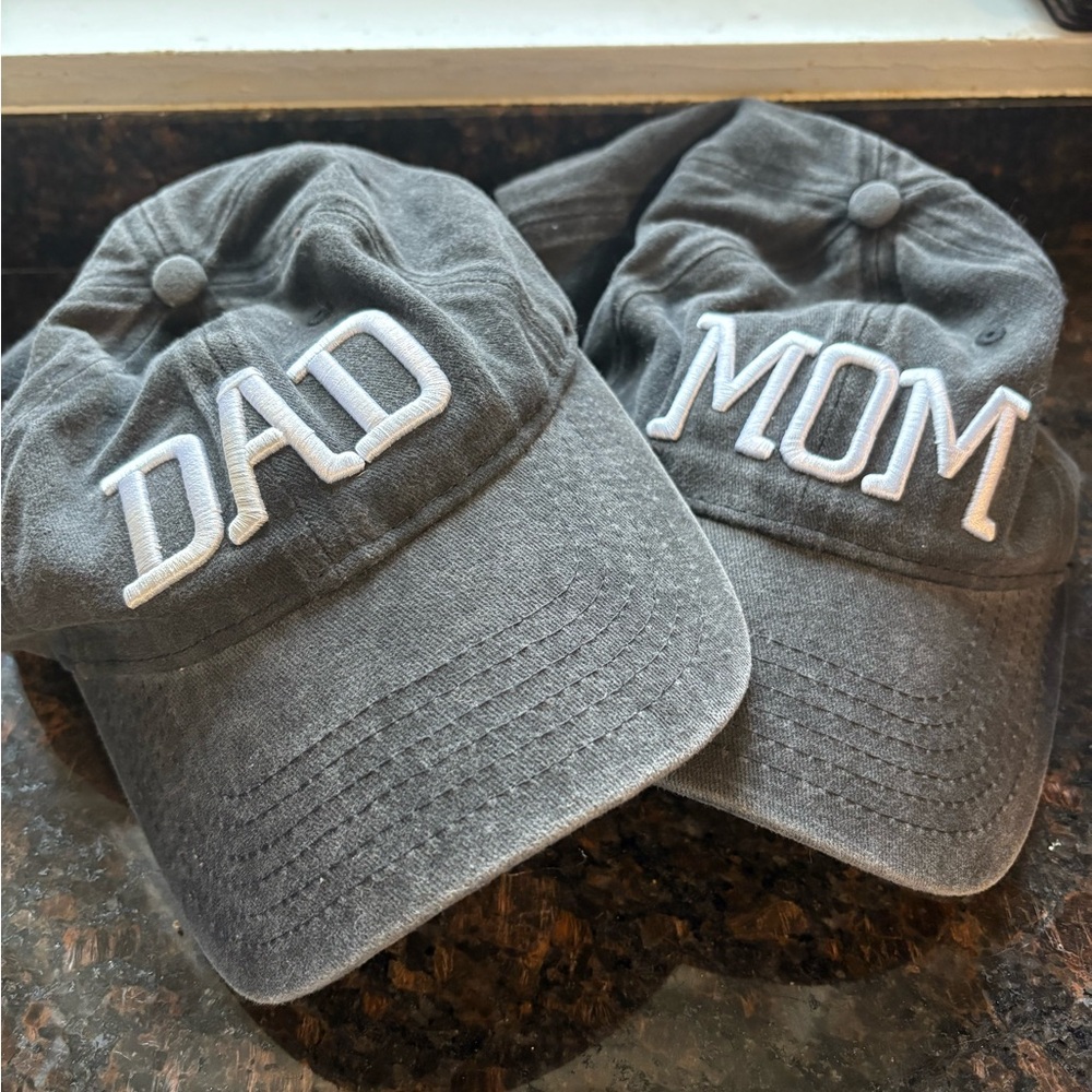 Stylish Gray 'Mom' and 'Dad' Caps- Never Worn